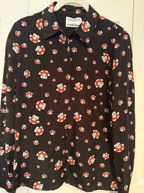 Alice + Olivia Black Silk Blouse with Red & White Mushroom Print